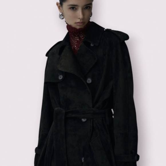 Anthropologie Cordelia Velvet Trench Coat Size Small 6 Black Ribbed Long Heavy - Picture 1 of 8